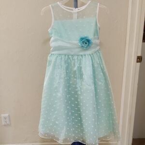 Kid'sDream Aqua Polka Dot Organza/Satin Formal Dress w/Removable Flower Sz 11-12